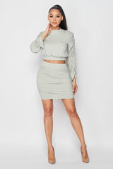 Ruched Long Sleeve And Skirt Set