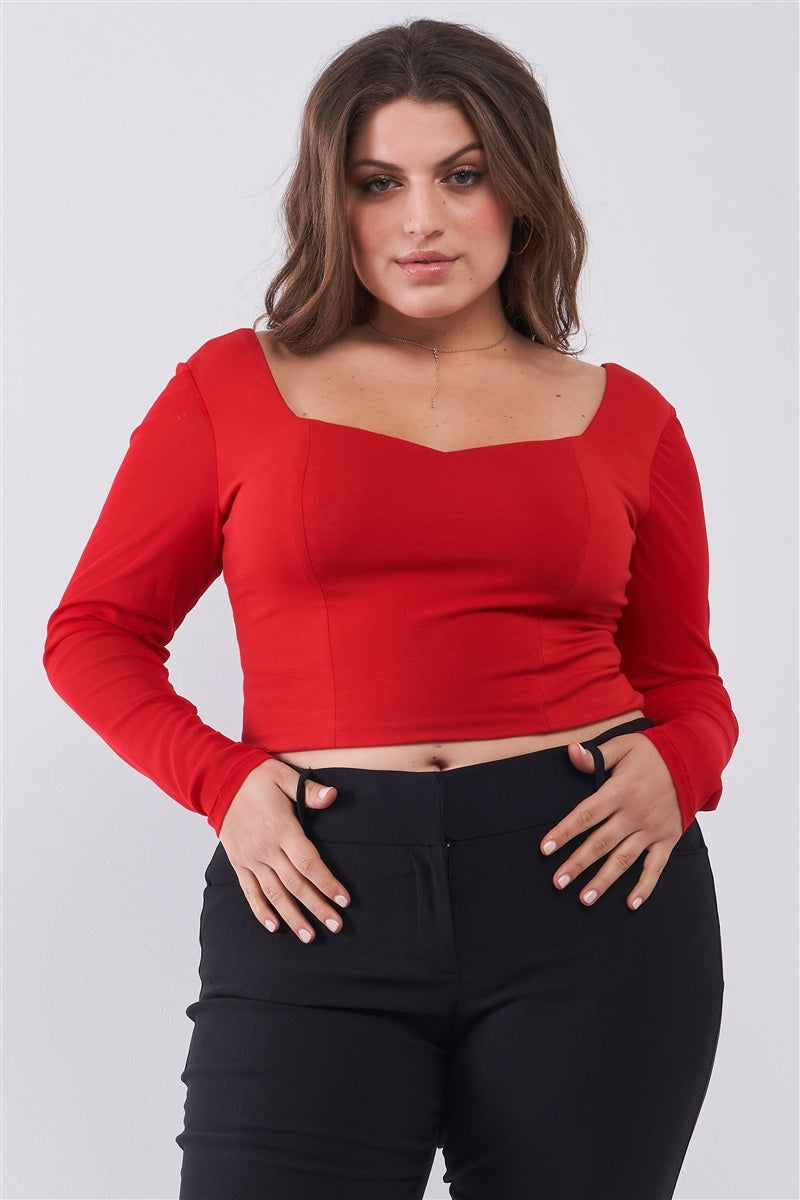 Crimson Red Long Mesh Sleeve Crop Top