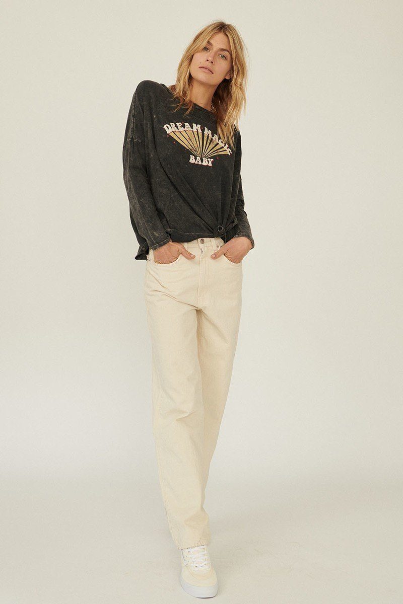 Mineral Washed Knit Top W/ Printed Text