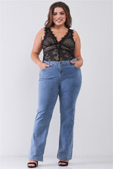 Plus Mid-wash Blue Denim Low-rise Wide-leg Upsized Basic Dad Jeans