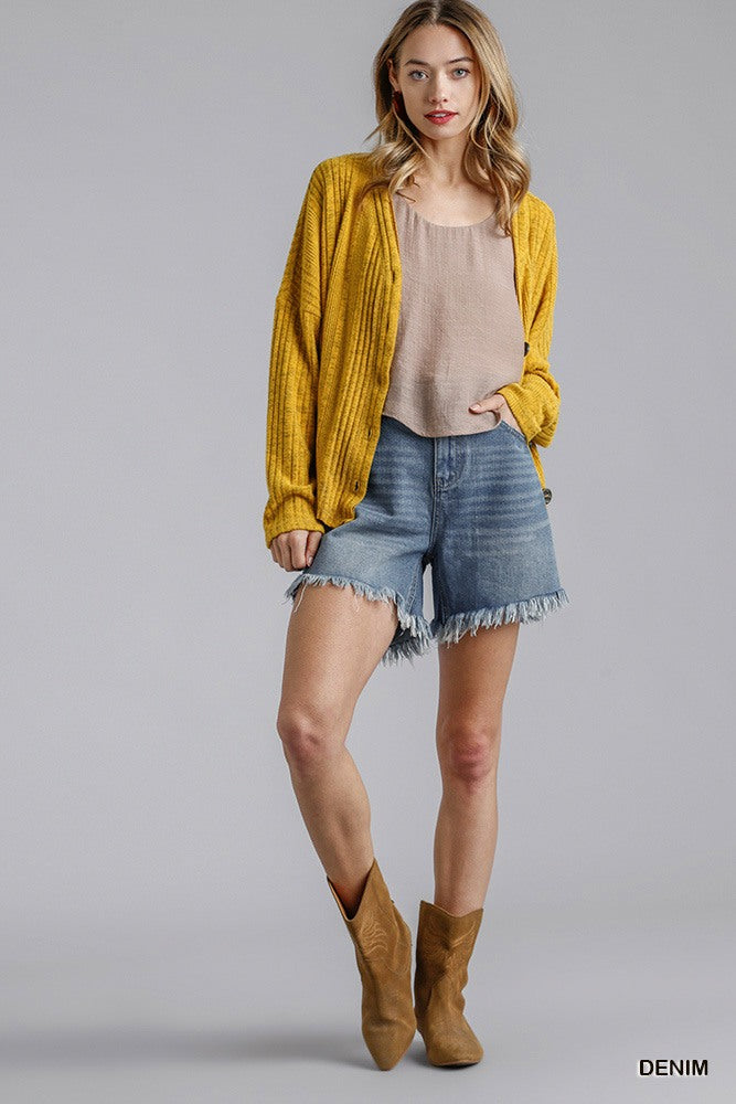 High Rise Denim Shorts With Raw Hem