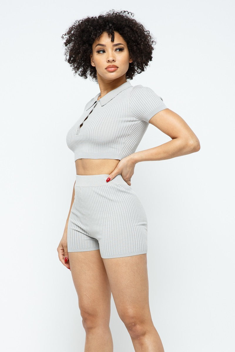 Collar Crop Top & Shorts Set