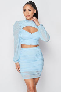 Sheer Cutout Puff Sleeved Top And Skirt Set