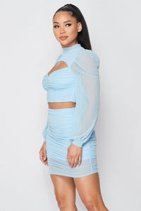 Sheer Cutout Puff Sleeved Top And Skirt Set