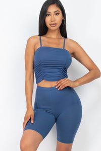 Camisole Ruched Sleeveless Top & Biker Shorts Set - Blue Haze / S