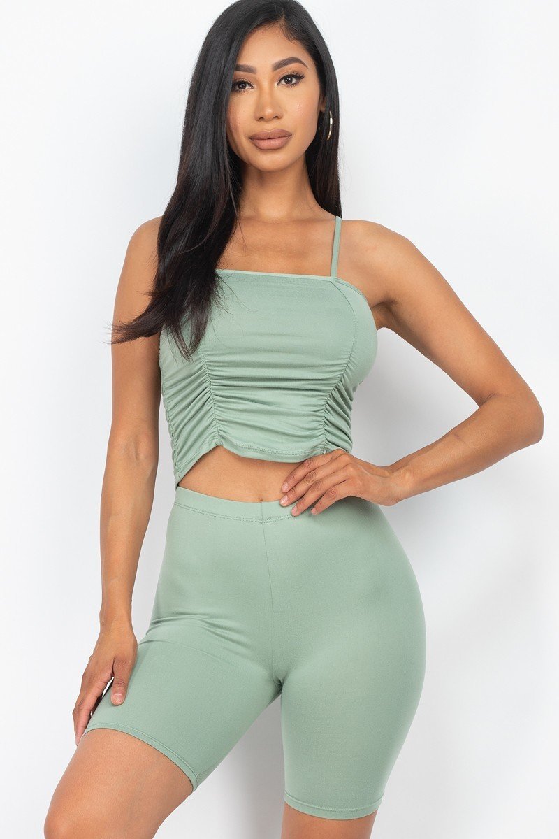 Camisole Ruched Sleeveless Top & Biker Shorts Set - Green Bay / S