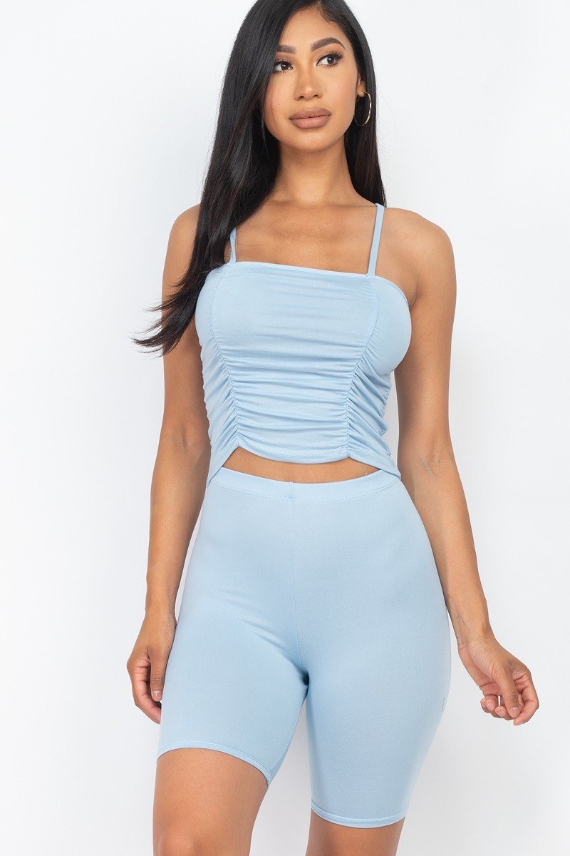 Camisole Ruched Sleeveless Top & Biker Shorts Set - Sky Blue / S