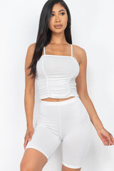 Camisole Ruched Sleeveless Top & Biker Shorts Set - White / S