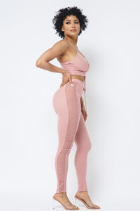 Mesh Strappy Adjustable Ruched Crop Top With Matching See Through Side Panel Leggings