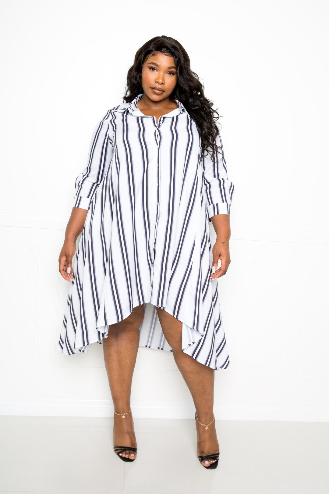 Stripe Shirt Dress - Black / 1XL