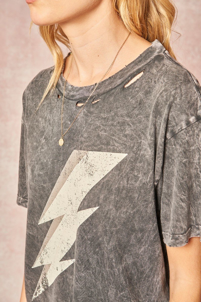 Mineral Washed Graphic T-shirt With Lightning Bolt