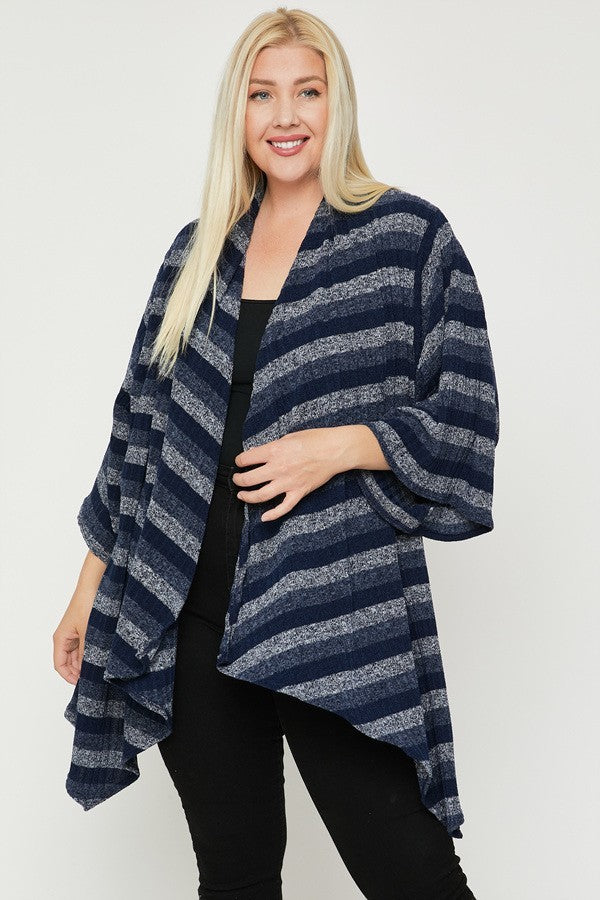 Kimono Style Striped Cardigan - Navy / 1XL