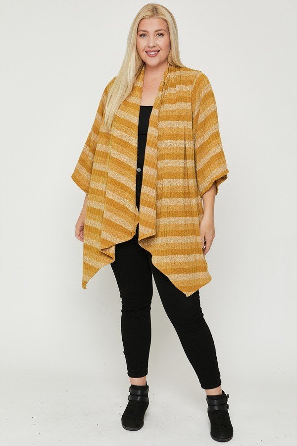 Kimono Style Striped Cardigan - Mustard / 1XL