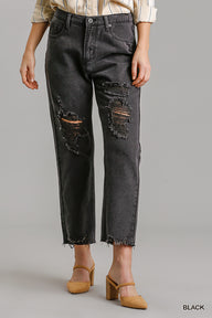 Non-stretch Straight Cut Distressed Denim Jeans With Raw Hem