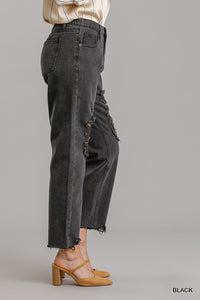 Non-stretch Straight Cut Distressed Denim Jeans With Raw Hem