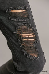 Non-stretch Straight Cut Distressed Denim Jeans With Raw Hem