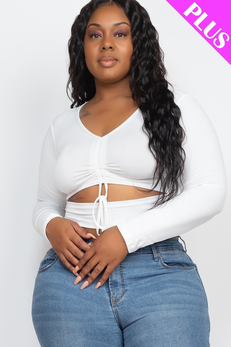 Drawstring Ruched Cutout Crop Top - White / 1XL