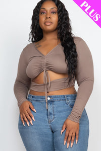 Drawstring Ruched Cutout Crop Top - Taupe / 1XL