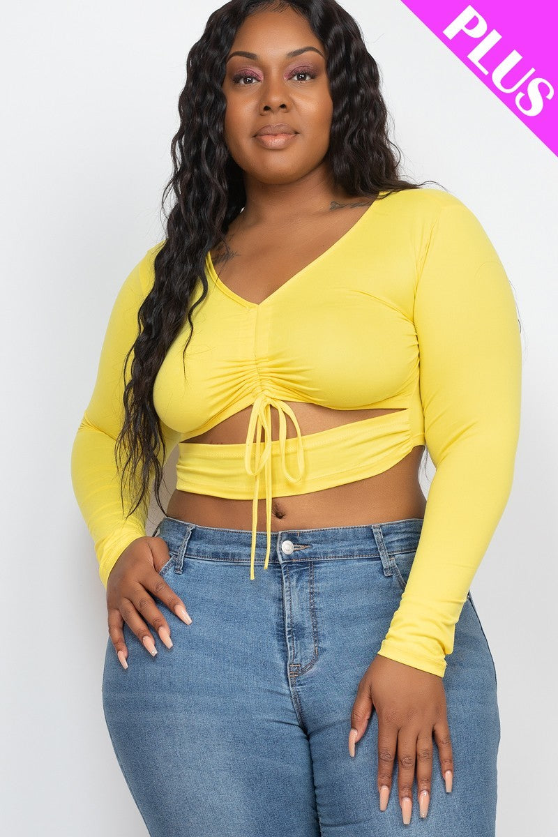 Drawstring Ruched Cutout Crop Top - Yellow / 1XL