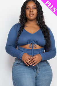 Drawstring Ruched Cutout Crop Top - Blue Haze / 1XL