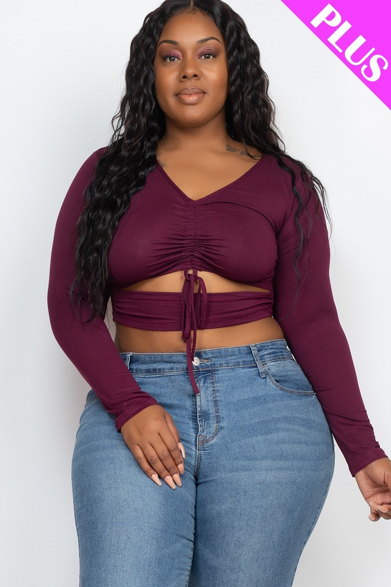 Drawstring Ruched Cutout Crop Top - Burgundy / 1XL