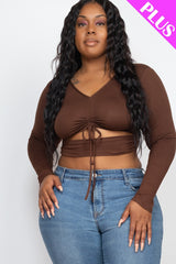 Drawstring Ruched Cutout Crop Top - Coffee / 1XL