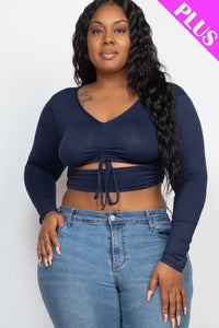 Drawstring Ruched Cutout Crop Top - Navy / 1XL