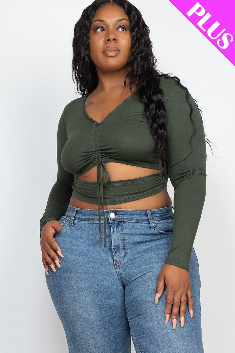 Drawstring Ruched Cutout Crop Top - Olive / 1XL