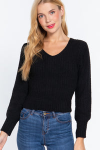 Long Puff Sleeve V-neck Rib Sweater