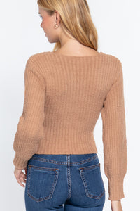 Long Puff Sleeve V-neck Rib Sweater