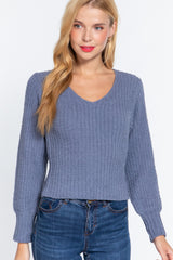 Long Puff Sleeve V-neck Rib Sweater