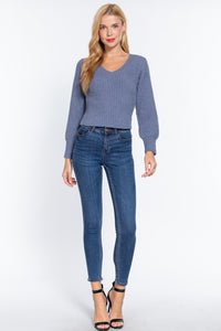 Long Puff Sleeve V-neck Rib Sweater