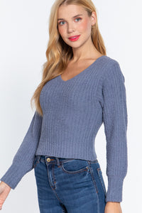 Long Puff Sleeve V-neck Rib Sweater