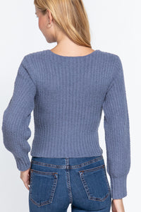 Long Puff Sleeve V-neck Rib Sweater