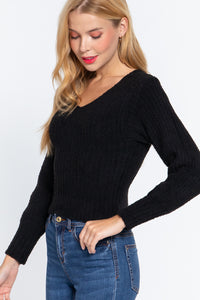 Long Puff Sleeve V-neck Rib Sweater