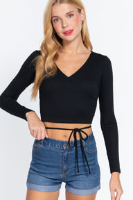 Long Sleeve Surplice Wrap Rib Knit Top