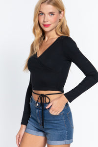 Long Sleeve Surplice Wrap Rib Knit Top