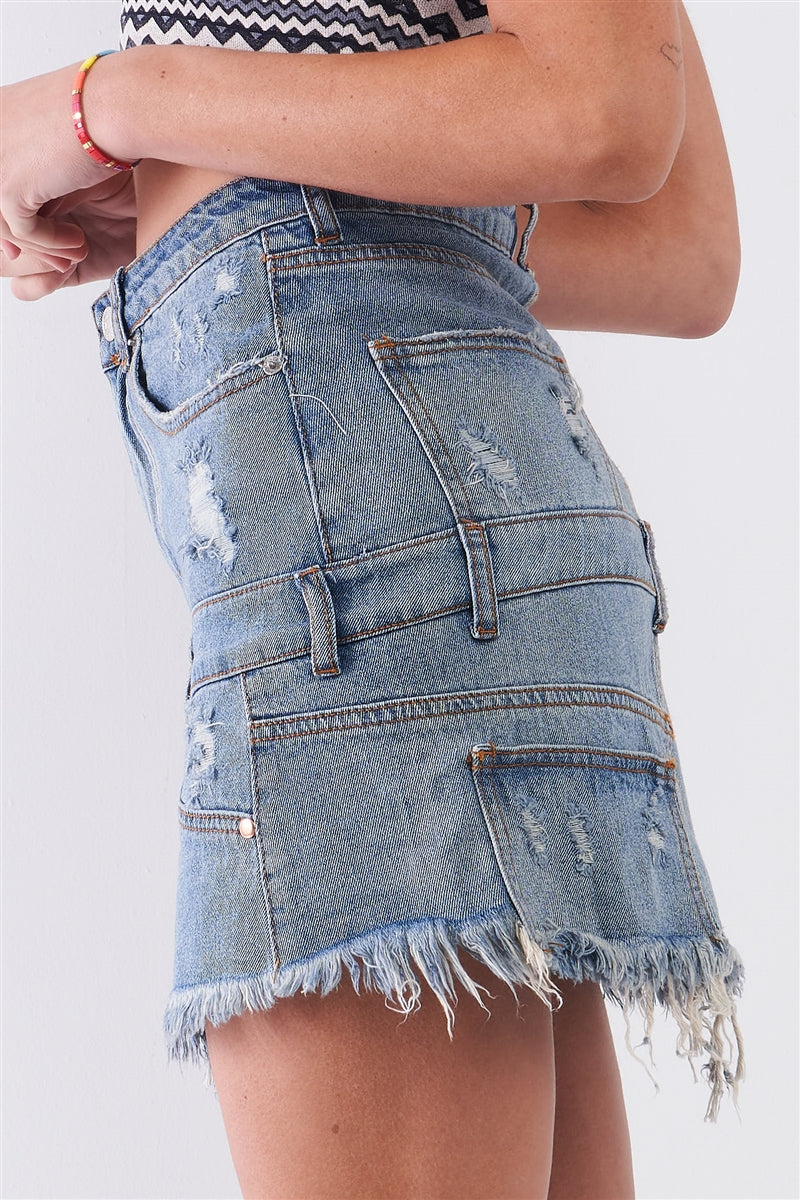 Medium Blue Denim High-waist Distressed Mini Skirt