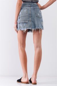 Medium Blue Denim High-waist Distressed Mini Skirt