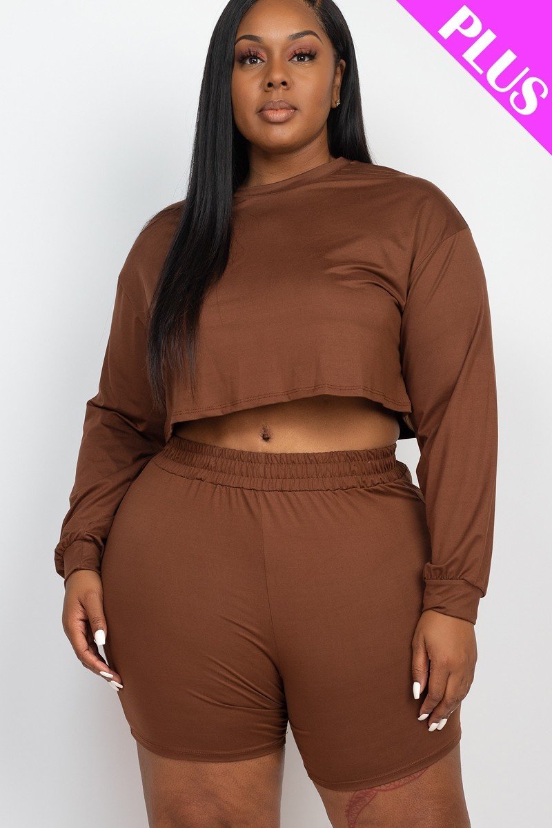 Plus Size Cozy Crop Top And Shorts Set - Downtown Coffee / 3XL