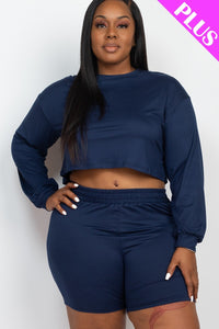 Plus Size Cozy Crop Top And Shorts Set - Navy / 3XL