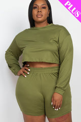 Plus Size Cozy Crop Top And Shorts Set - Olive Branch / 3XL