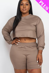 Plus Size Cozy Crop Top And Shorts Set - Taupe / 3XL