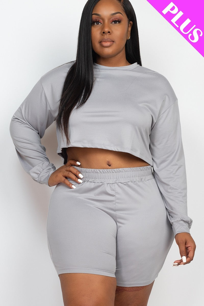 Plus Size Cozy Crop Top And Shorts Set - Ultimate Grey / 3XL