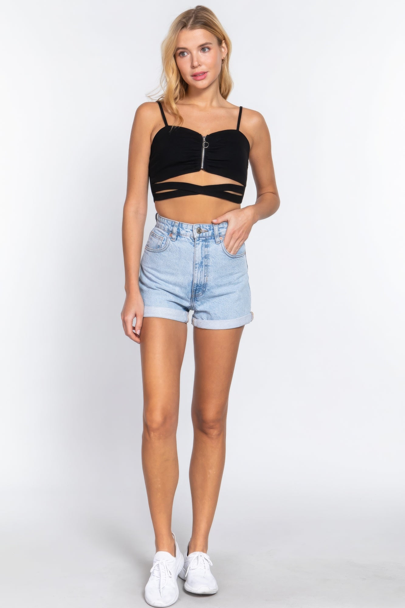 Zippered Cross Rib Knit Crop Cami