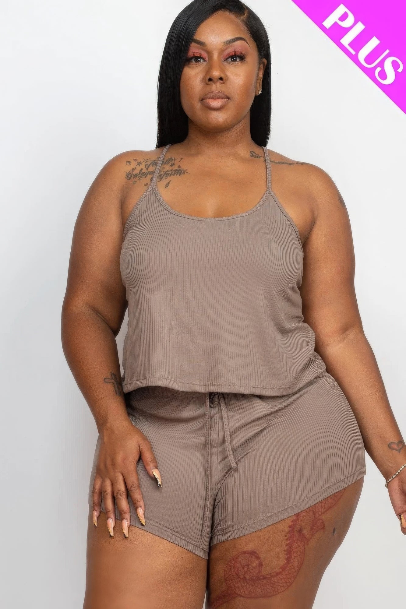 Plus Ribbed Strappy Top And Shorts Set - Taupe / 1XL