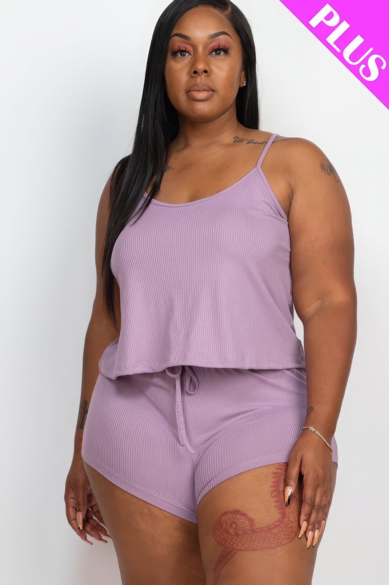 Plus Ribbed Strappy Top And Shorts Set - Orchid / 1XL