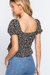 Short Sleeve Shirring Print Woven Top