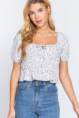 Short Sleeve Shirring Print Woven Top - Off White / S