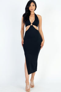 Cut-out Halter Neck Double Back Tie Split Thigh Midi Dress - Black / S